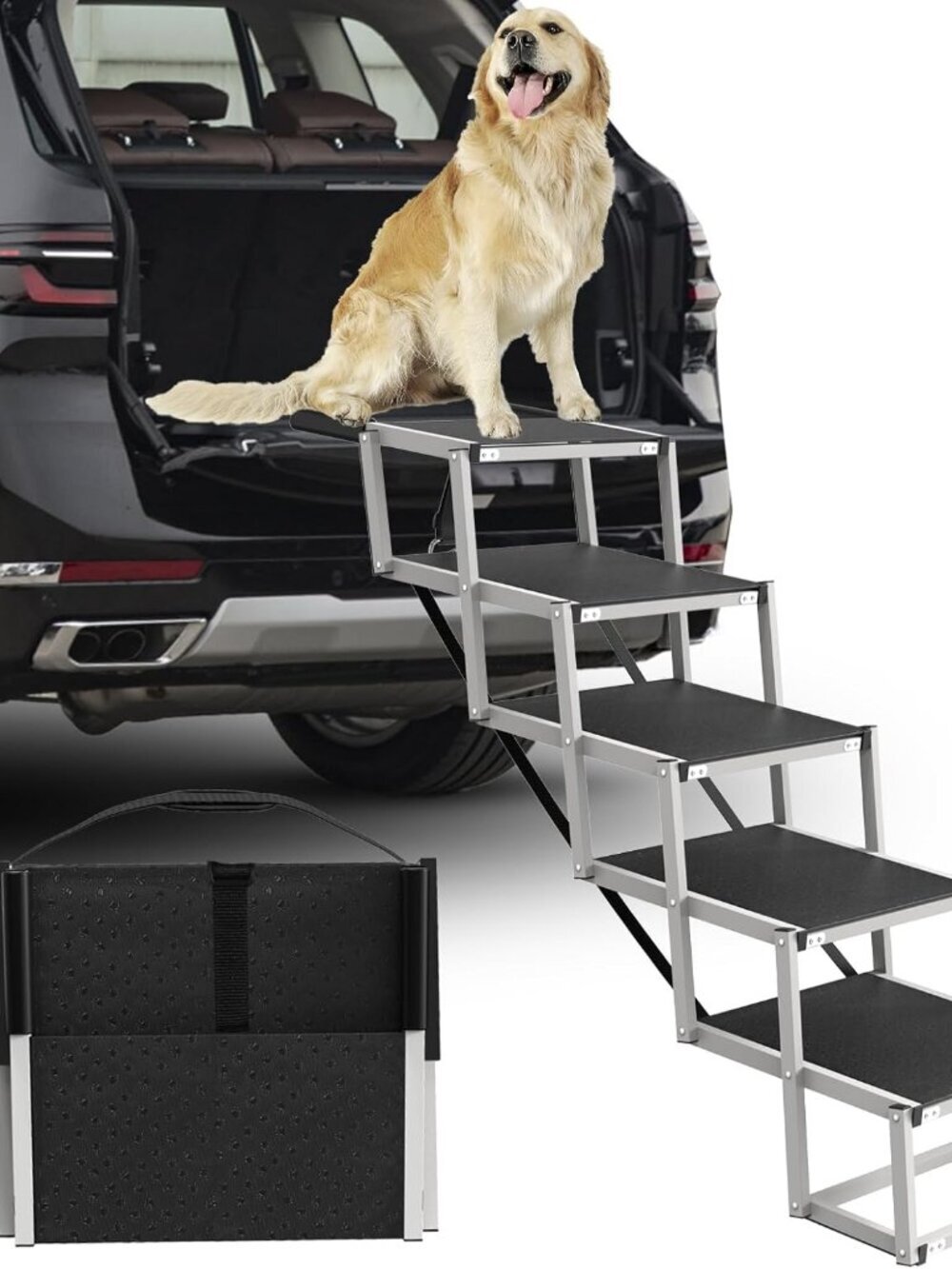 Deergym Dog Stairs for Large Dogs - 5 Step Wide 16in High 34in Foldable Dog Ramp